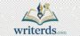 Minimalist logo for writerds.com on a clean background, featuring a stylized open book combined with a fountain pen nib that gently transitions into a growing sprout with a heart-shaped leaf. The website name "writerds.com" is displayed below the icon in a clean serif font, using a professional teal and warm coral color palette.